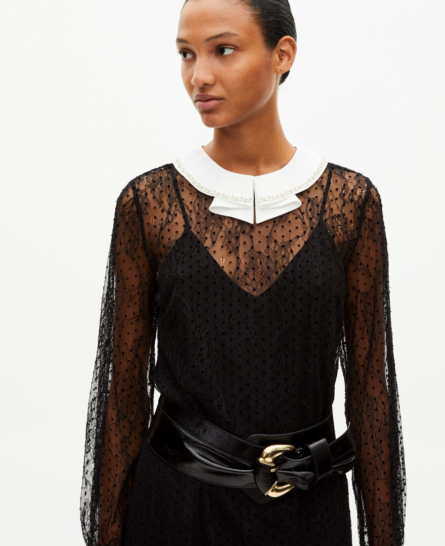 The Kooples FEMME BLACK robe courte en dentelle plumetis et strass noire