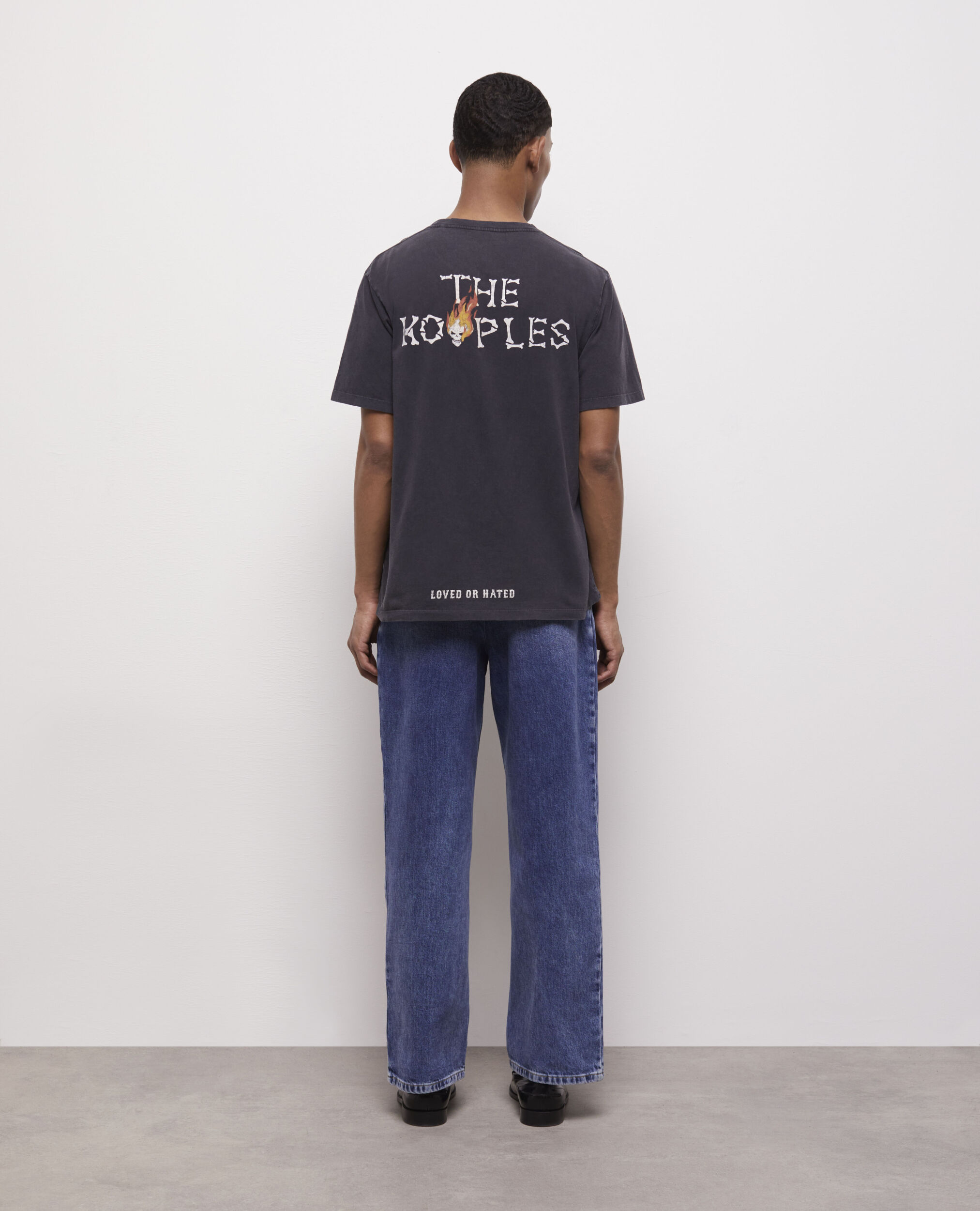 Men's black t-shirt with skull on fire print, BLACK WASHED, hi-res image number null