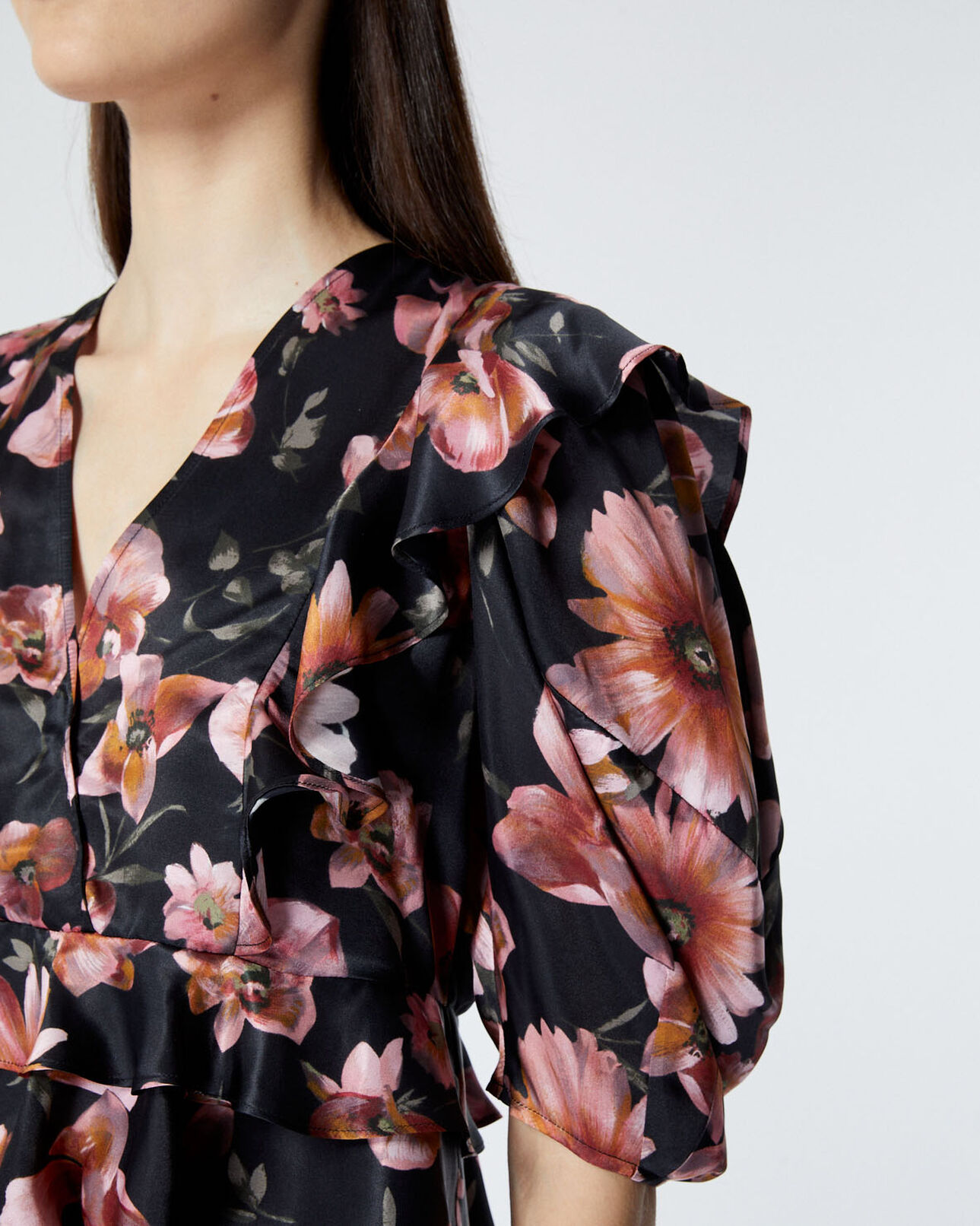 The Kooples WOMEN BLACK frilly black top with floral print