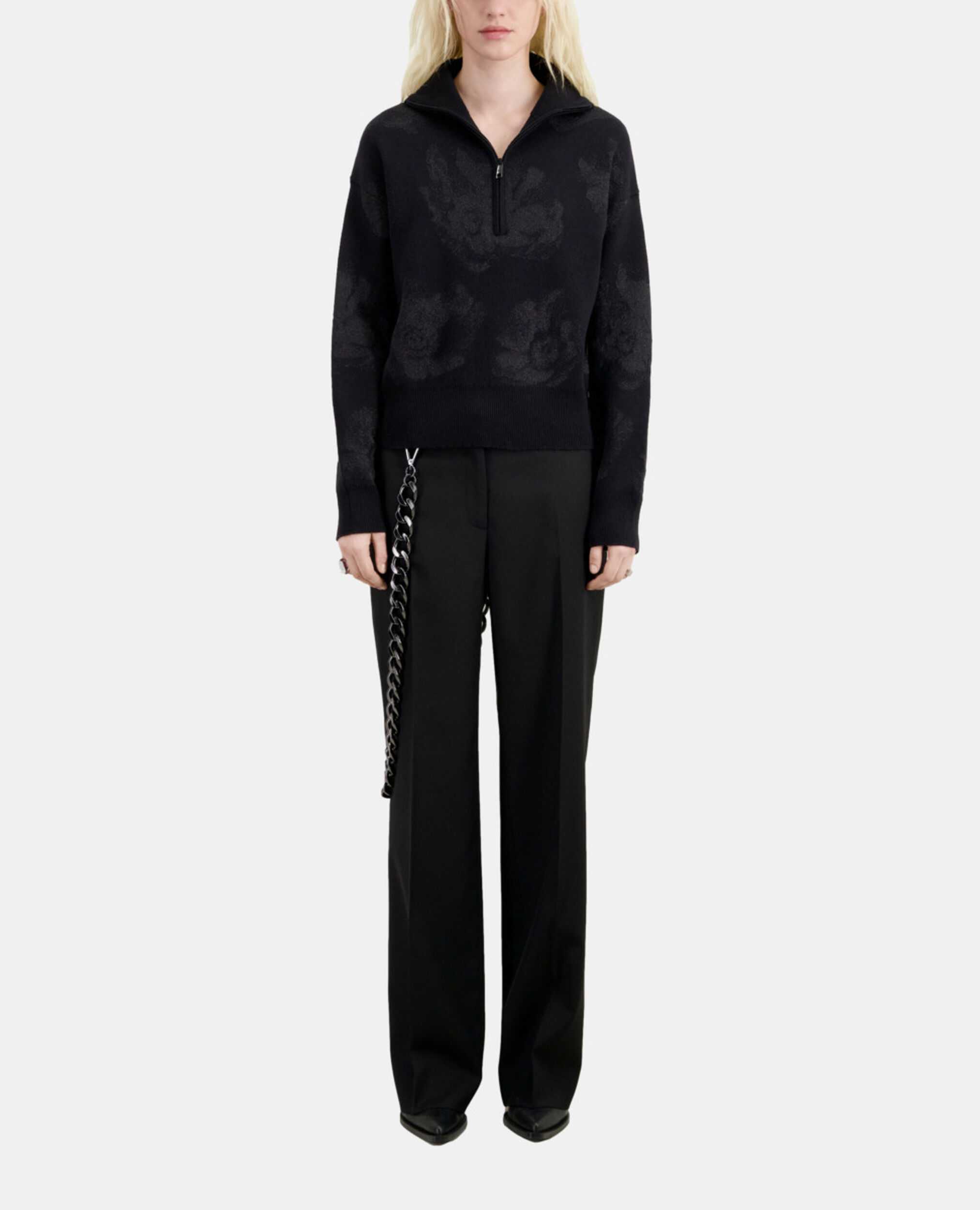 Black wool-blend sweater with silver details, BLACK/BLACK, hi-res image number null