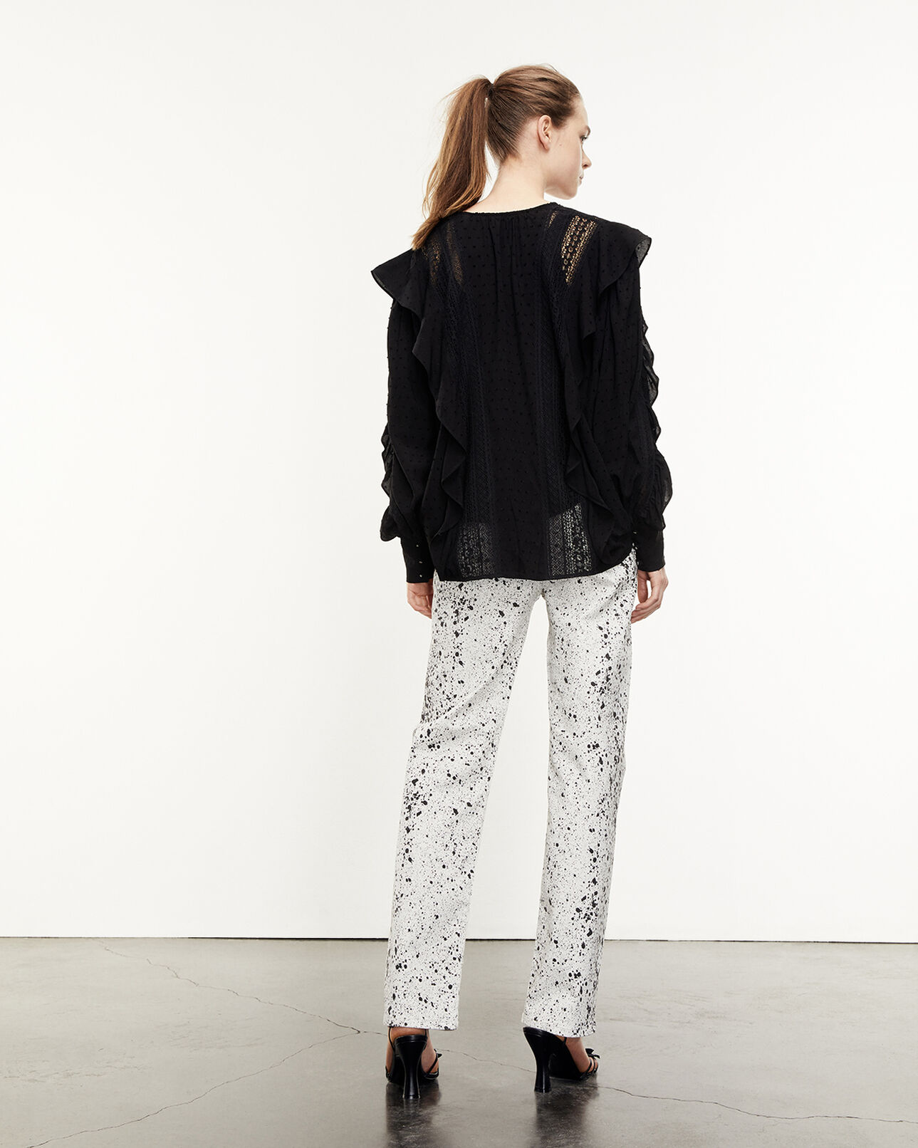 The Kooples WOMEN BLACK flowing flounced black top with lace