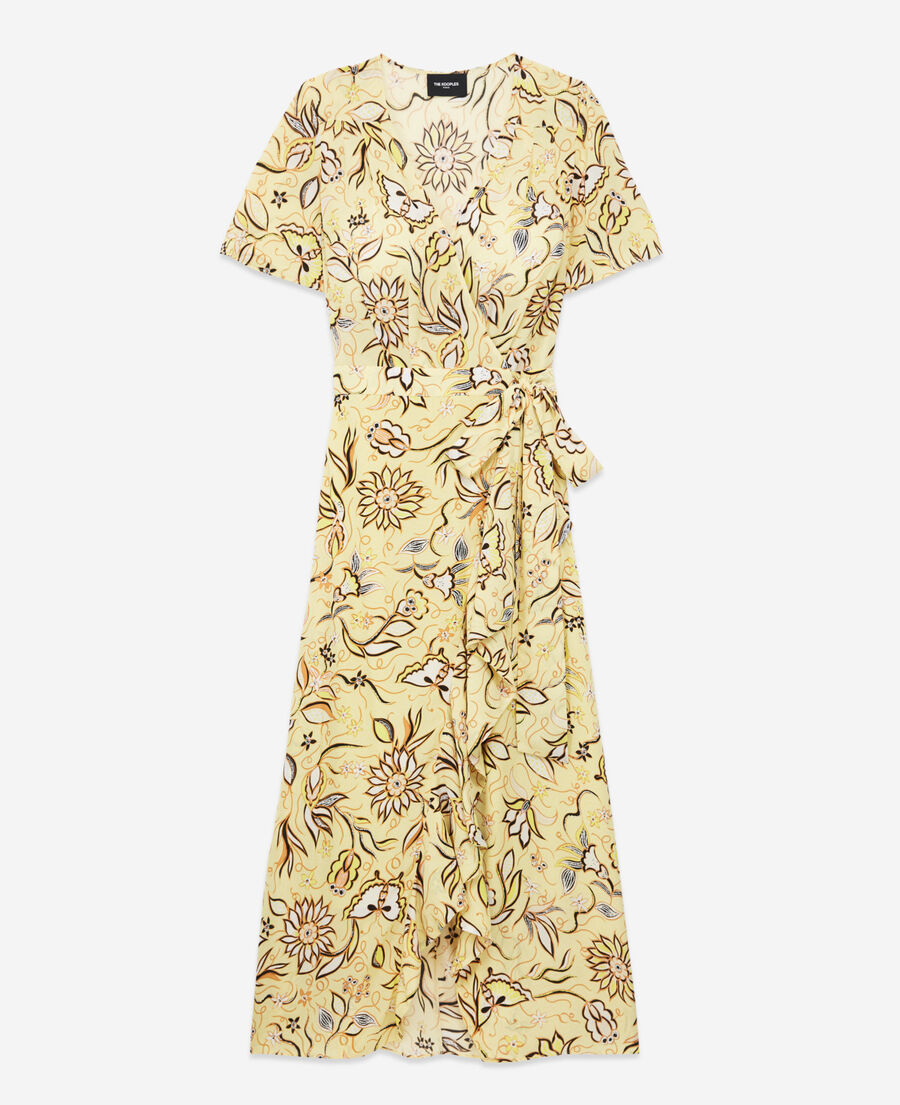 robe portefeuille jaune longue motif fleuri