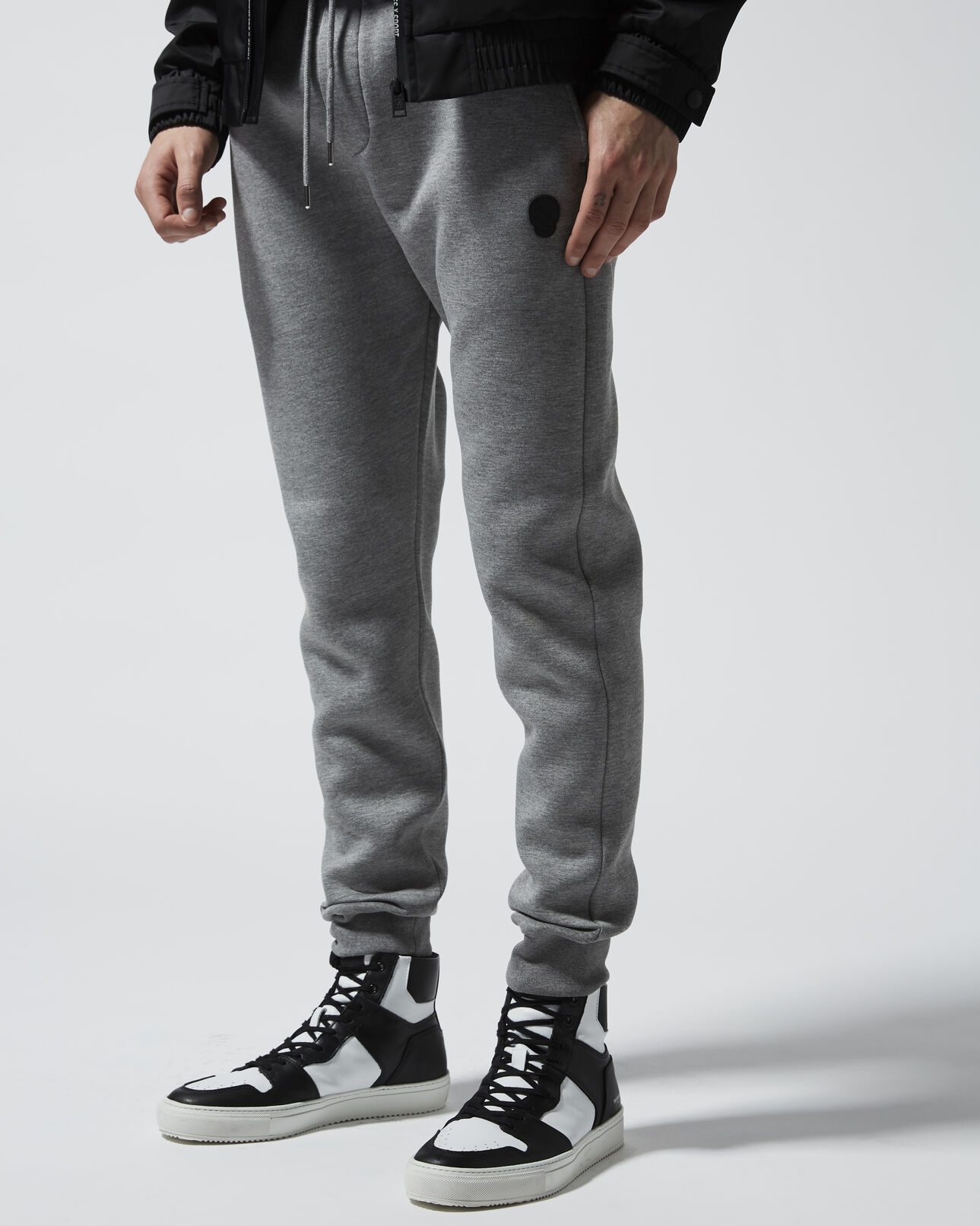 The Kooples MEN MIDDLE GREY MELANGE skinny heather grey joggers w/leather badge