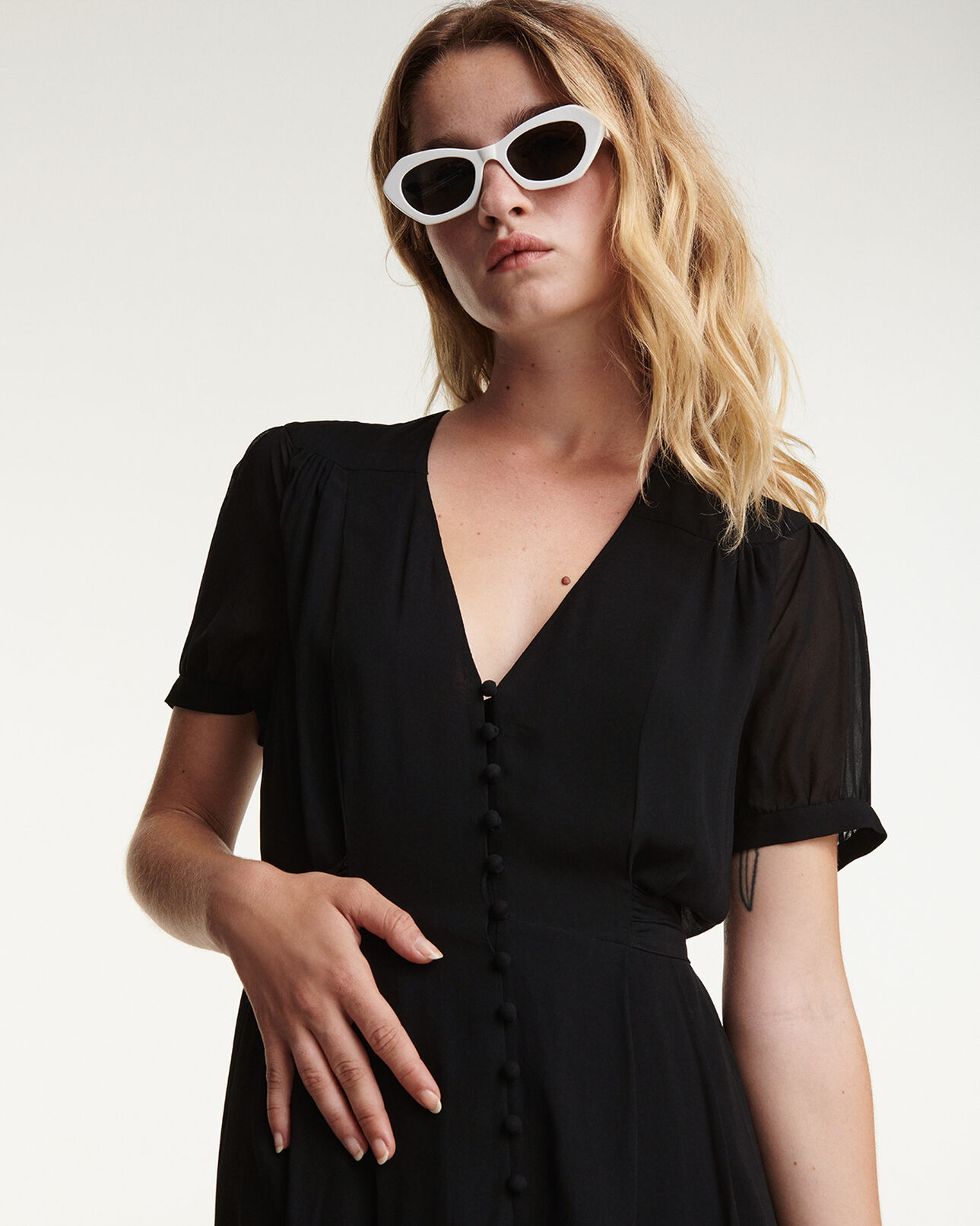 The Kooples DAMEN BLACK langes schwarzes kleid taillengürtel