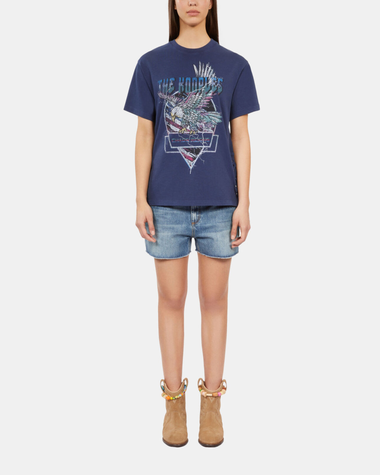 The Kooples MUJER WASHED NAVY camiseta azul marino lazo serigrafía eagle