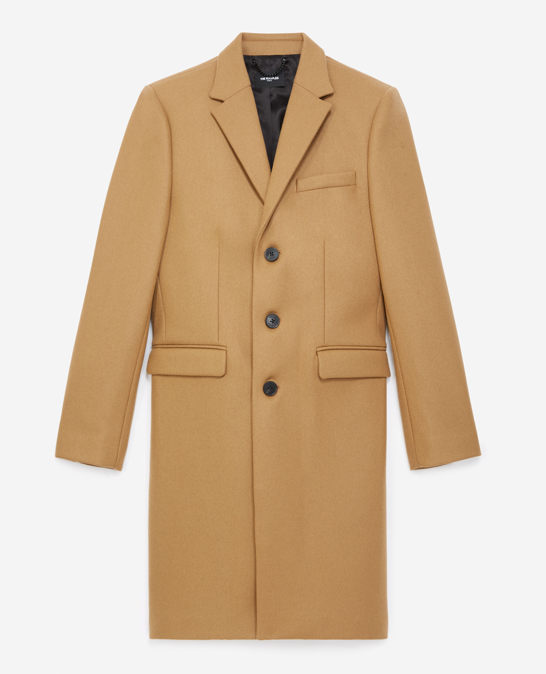 Beige straight cut wool coat leather detail The Kooples