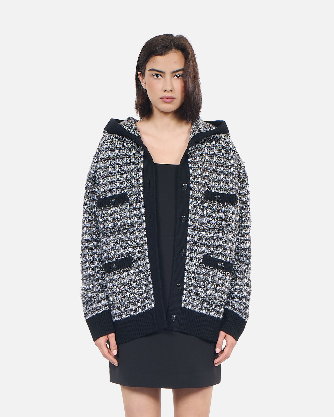 The Kooples FEMME BLACK / WHITE cardigan à capuche en tweed noir et blanc