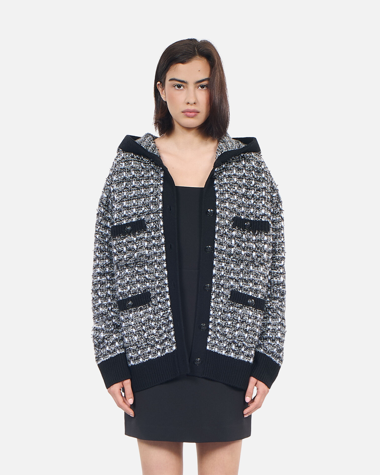 Cardigan à capuche en tweed noir et blanc, BLACK / WHITE, hi-res image number null