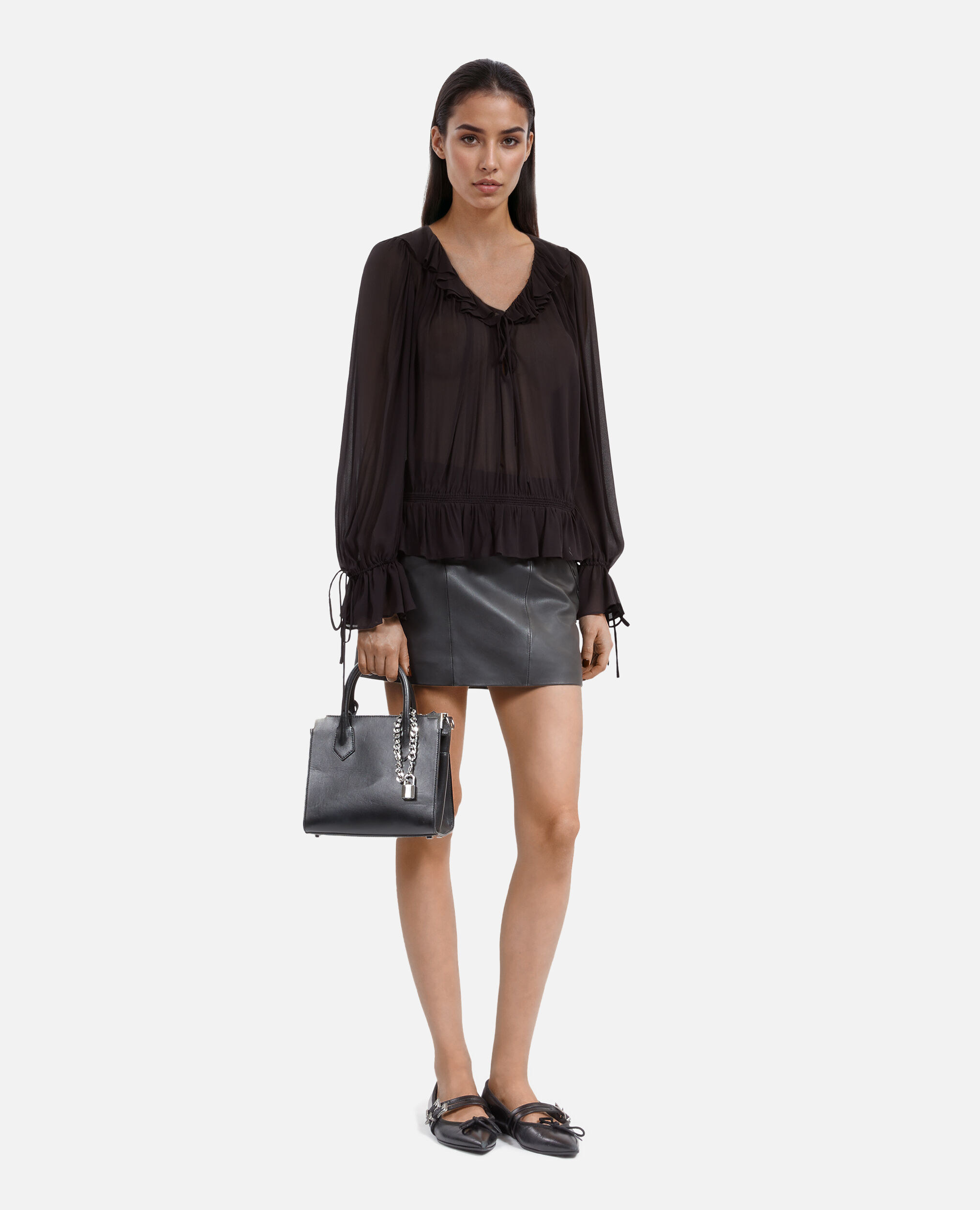 Black ruffled top, BLACK STONE, hi-res image number null