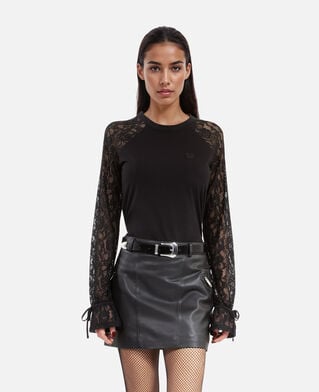 The Kooples FEMME BLACK WASHED t-shirt manches longues en dentelle noir