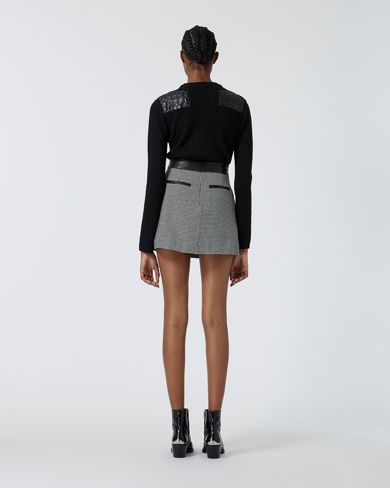 The Kooples WOMEN BLACK houndstooth wool skirt with leather details