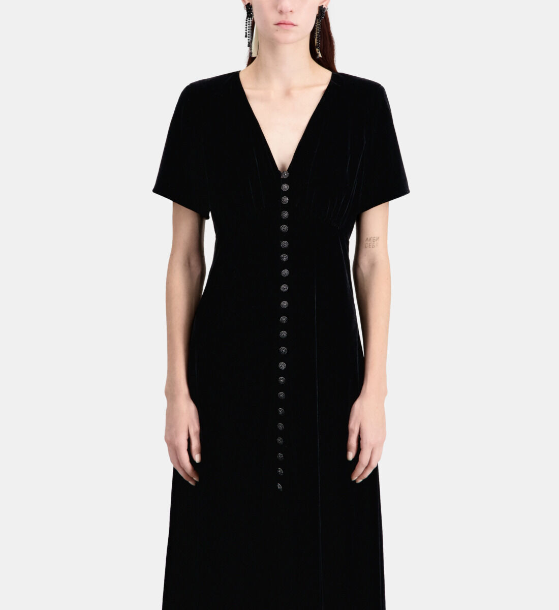 Long black velvet dress with buttoning The Kooples US