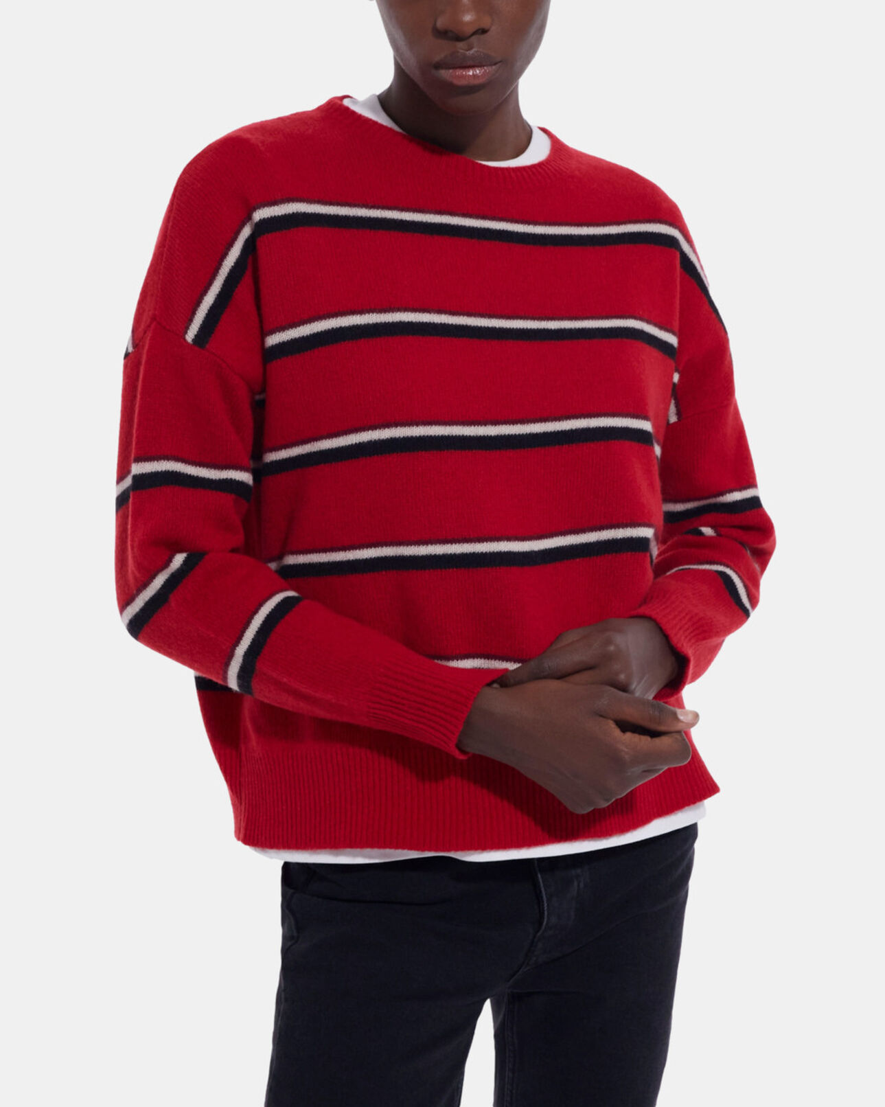 The Kooples FEMME RED-BLACK-WHITE pull en cachemire rouge
