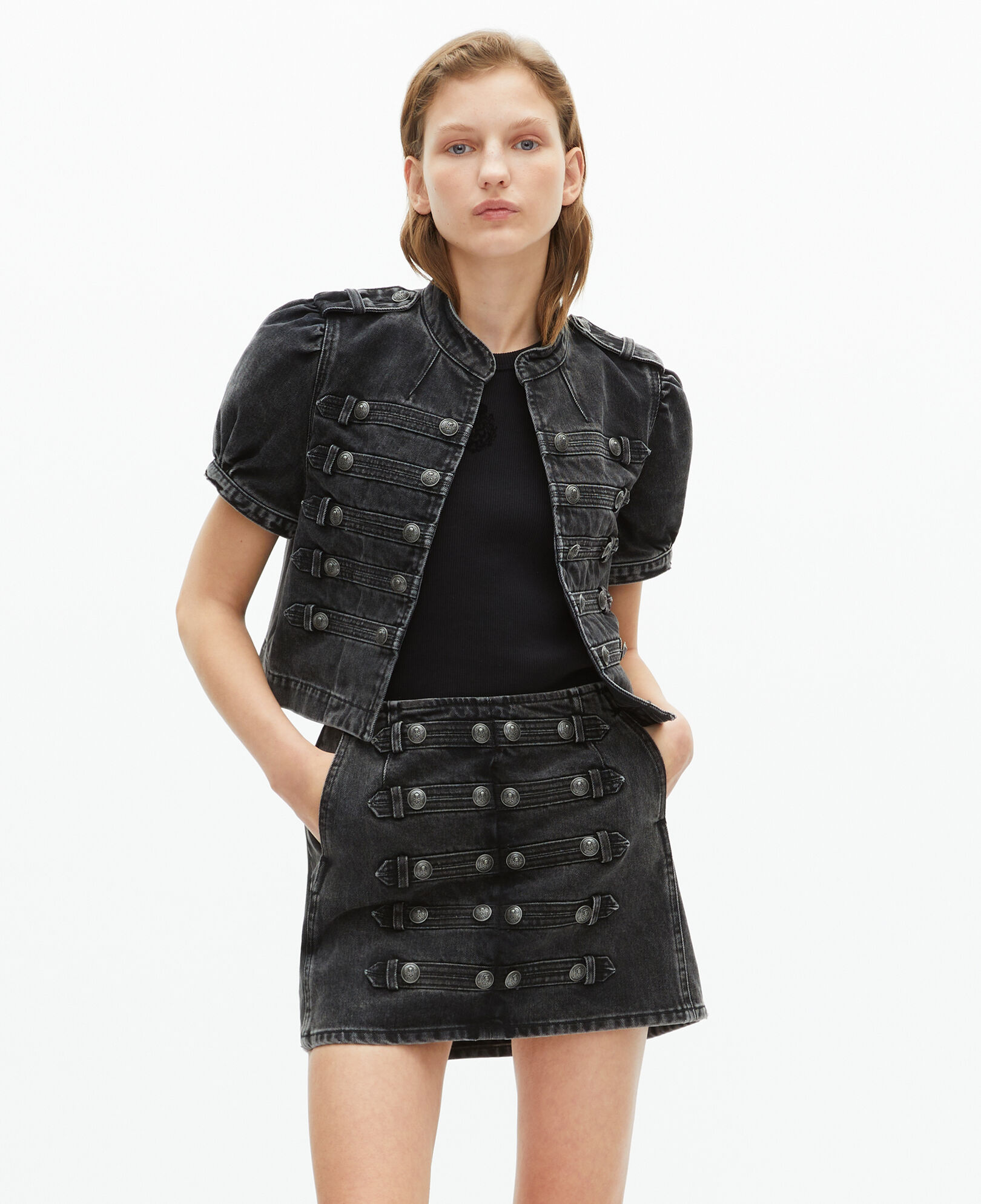 The Kooples WOMEN BLACK WASHED grey denim officer style jacket