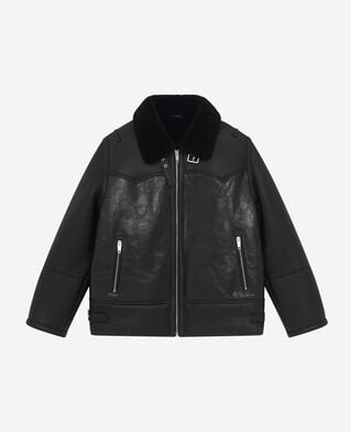 The Kooples FEMME BLACK peau lainée courte avec col sherpa noire
