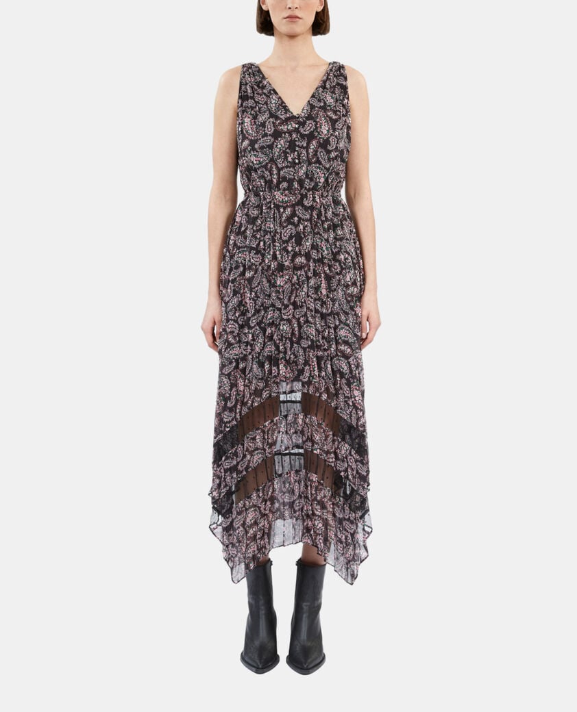 The Kooples FEMME BLACK / PINK robe longue plissée imprimée