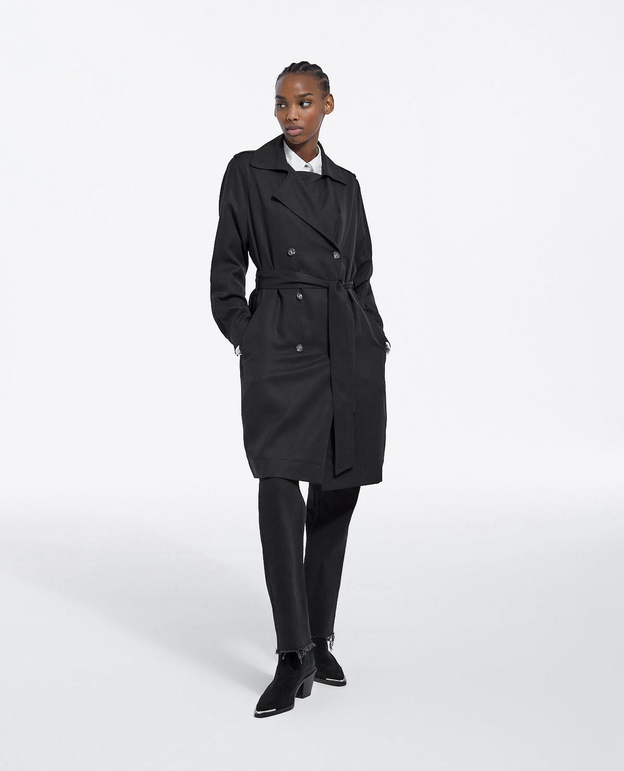 Black tencel trench coat with elastic back, BLACK, hi-res image number null