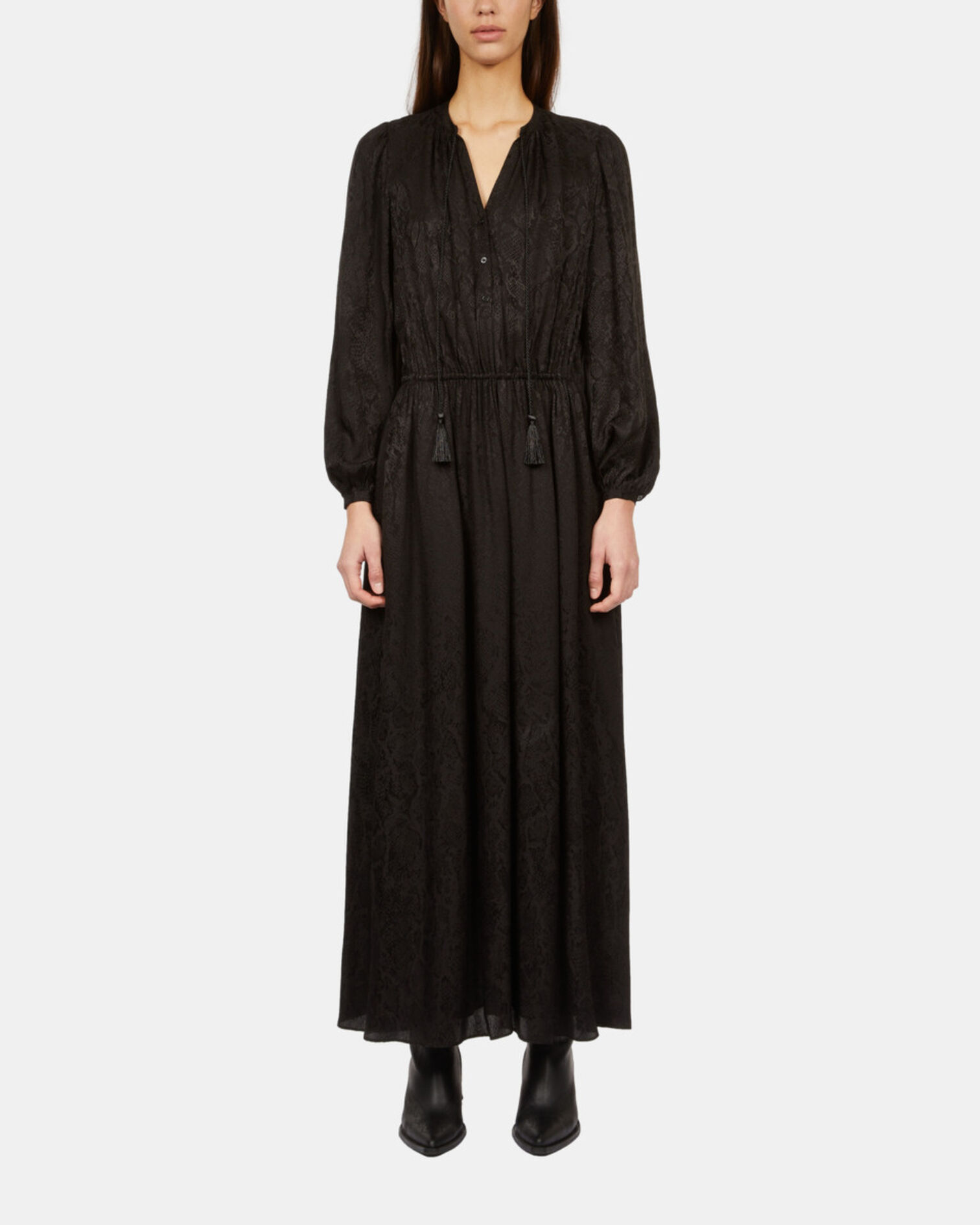 Long black snakeskin jacquard dress, BLACK, hi-res image number null