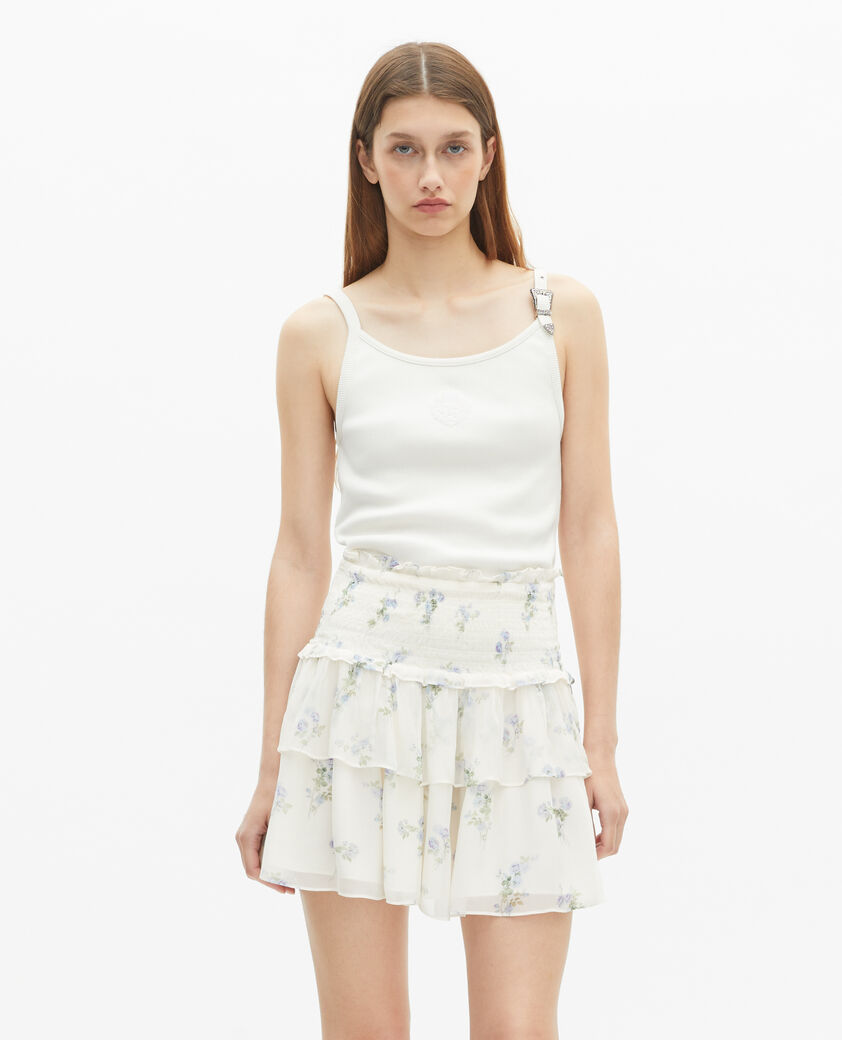 The Kooples WOMEN WHITE / SKY BLUE white floral print short skirt with ruffles