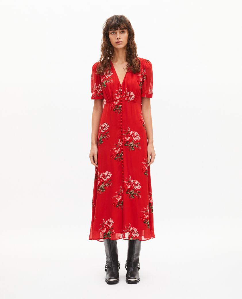 The Kooples FEMME RED / GREEN robe longue imprim&eacute; fleuri rouge