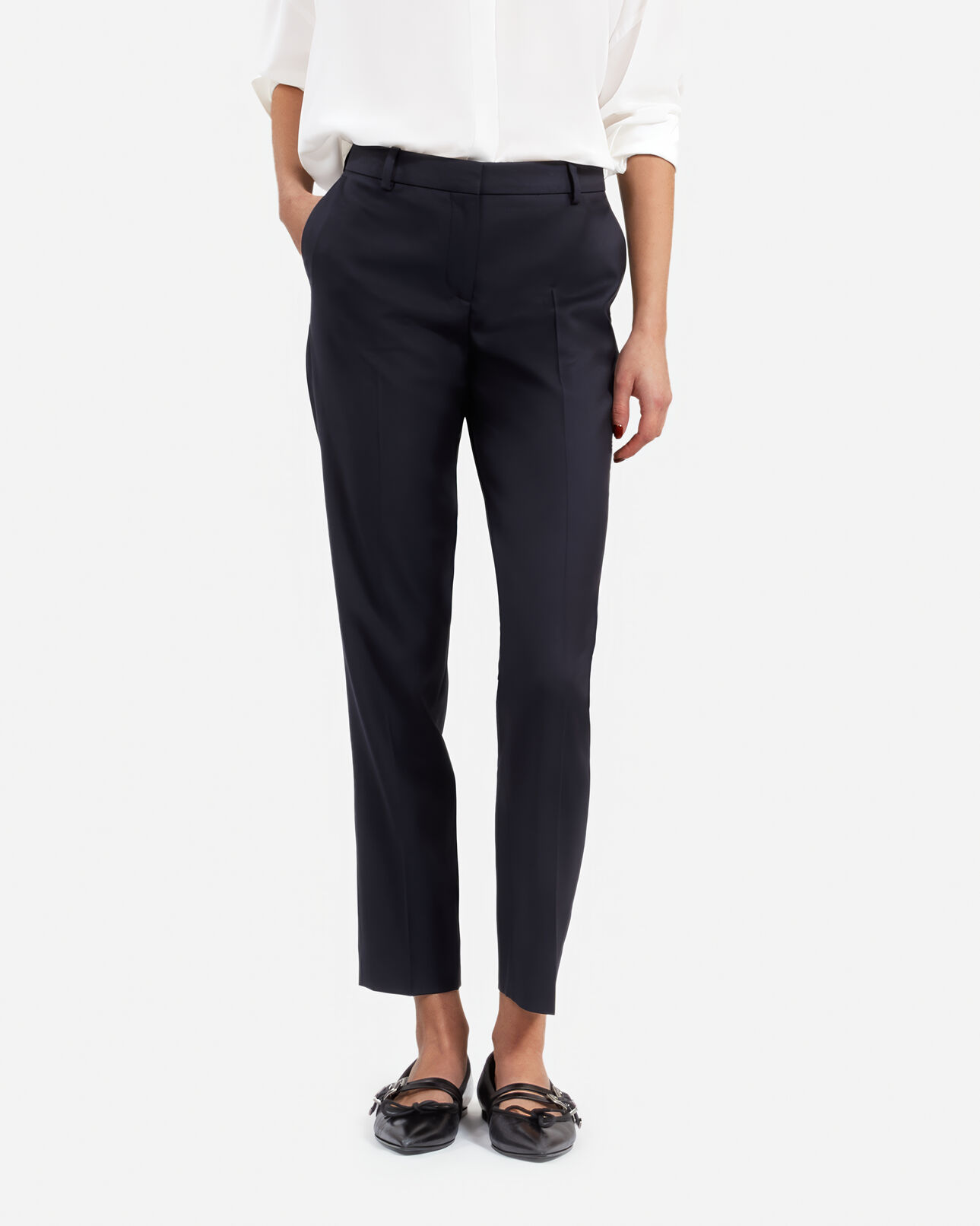 The Kooples WOMEN NAVY navy blue wool tailored trousers with a slim fit