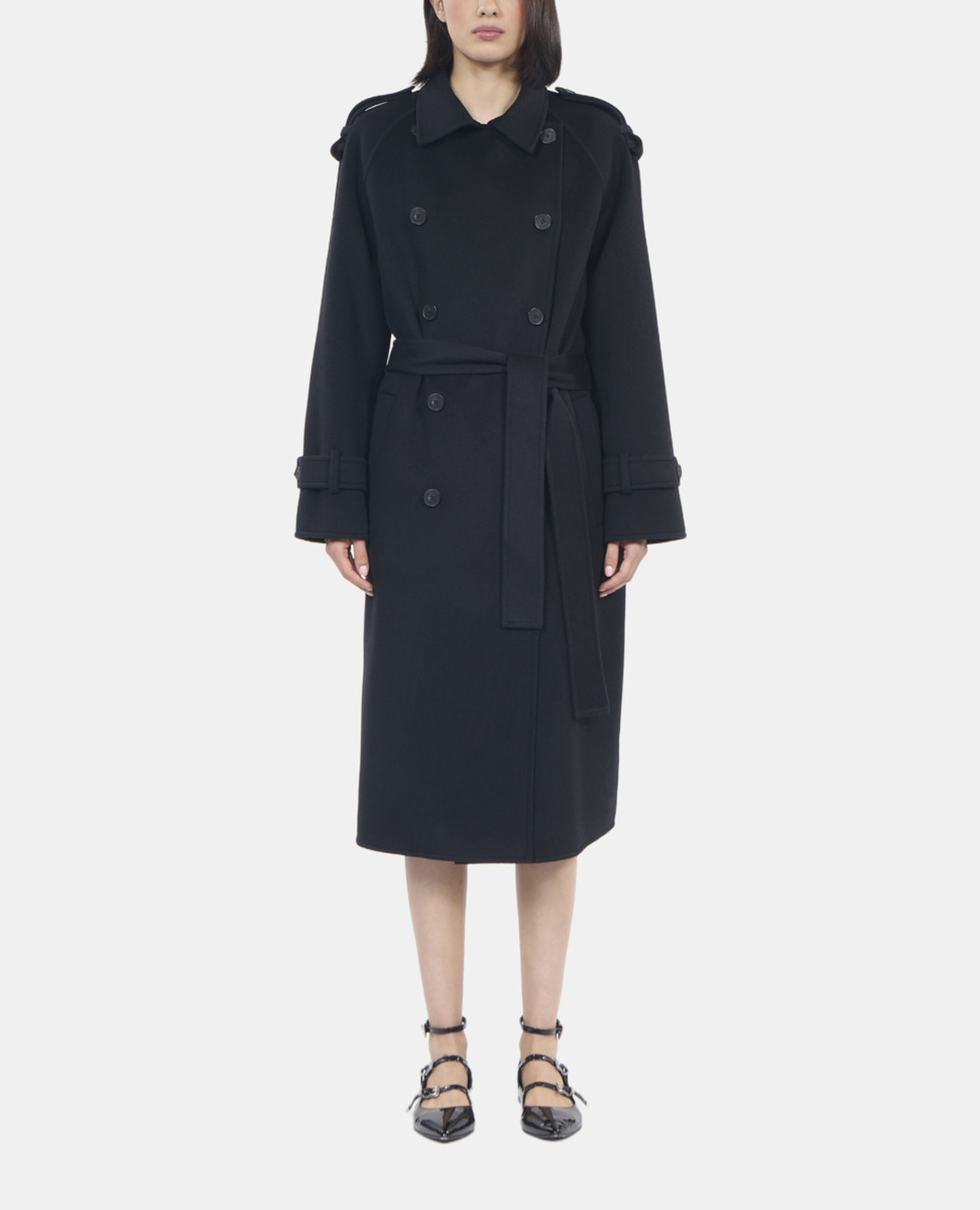 Manteau en laine style trench noir, BLACK, hi-res image number null