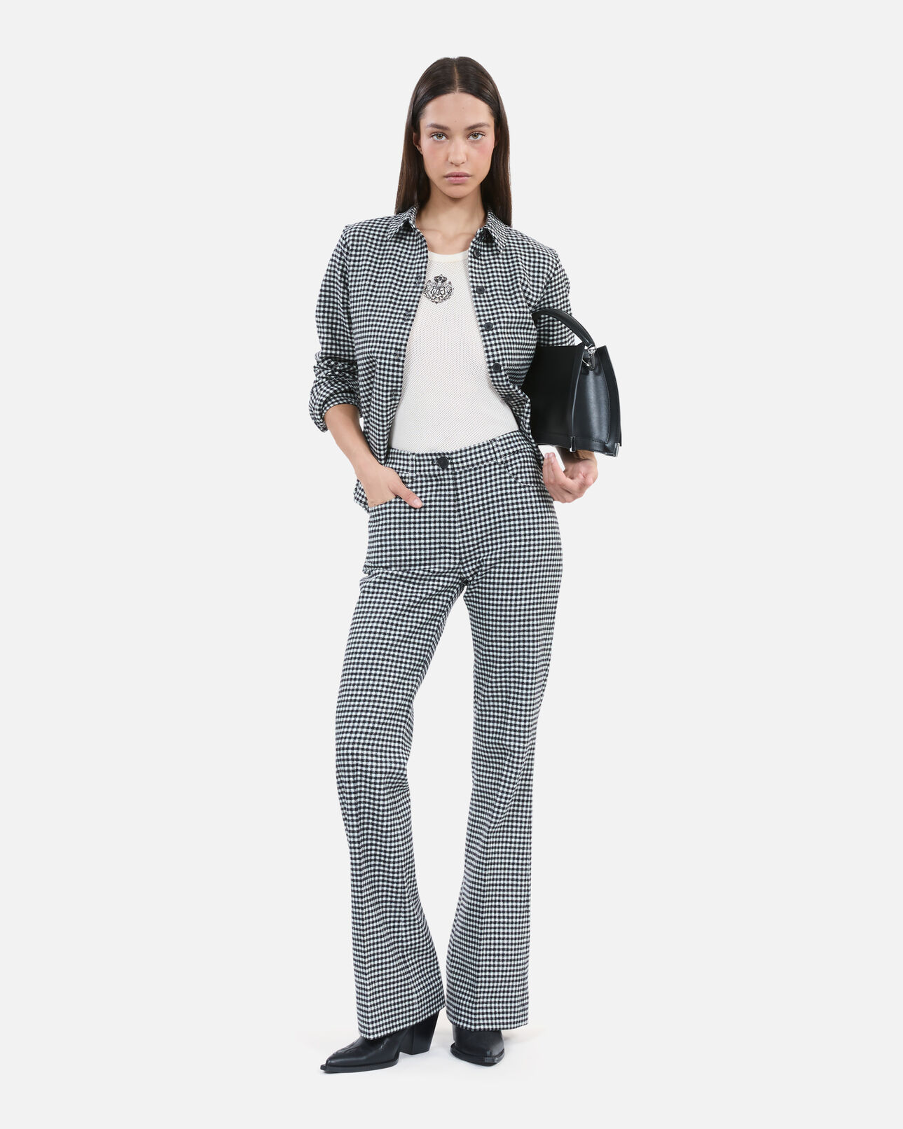The Kooples WOMEN BLACK WHITE vichy check flare trousers