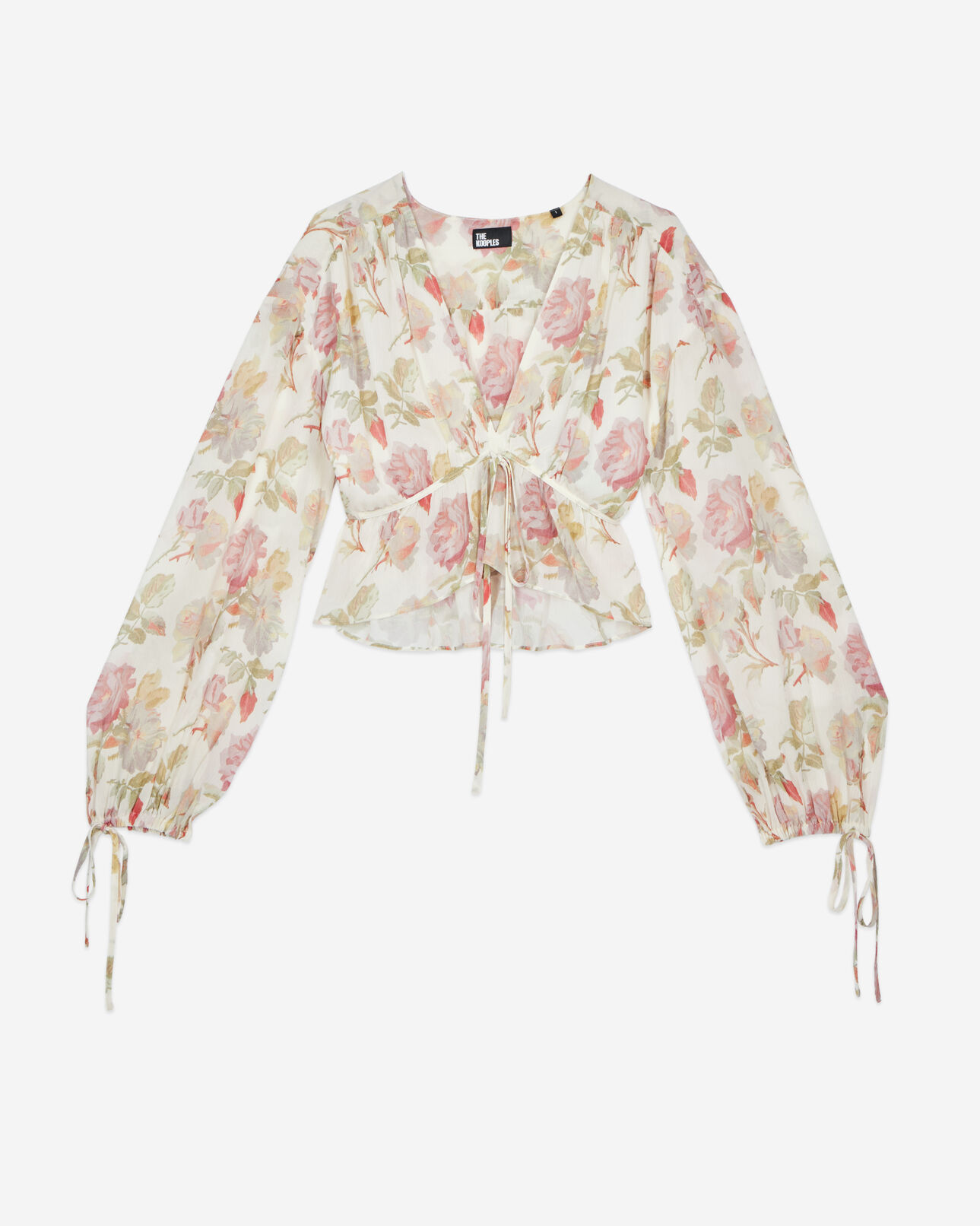 The Kooples FEMME BEIGE / RED top imprimé fleuri en soie avec volants