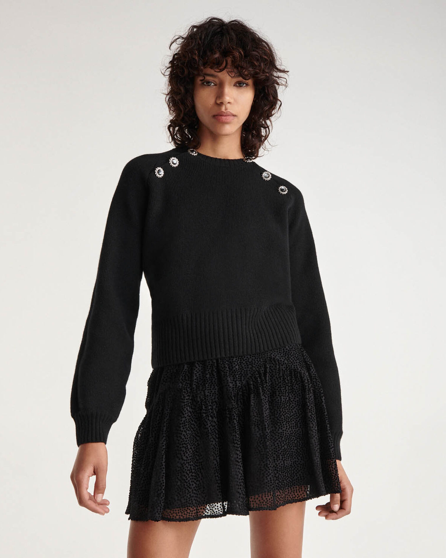 Pull laine noir col rond attaches bijoux, BLACK, hi-res image number null