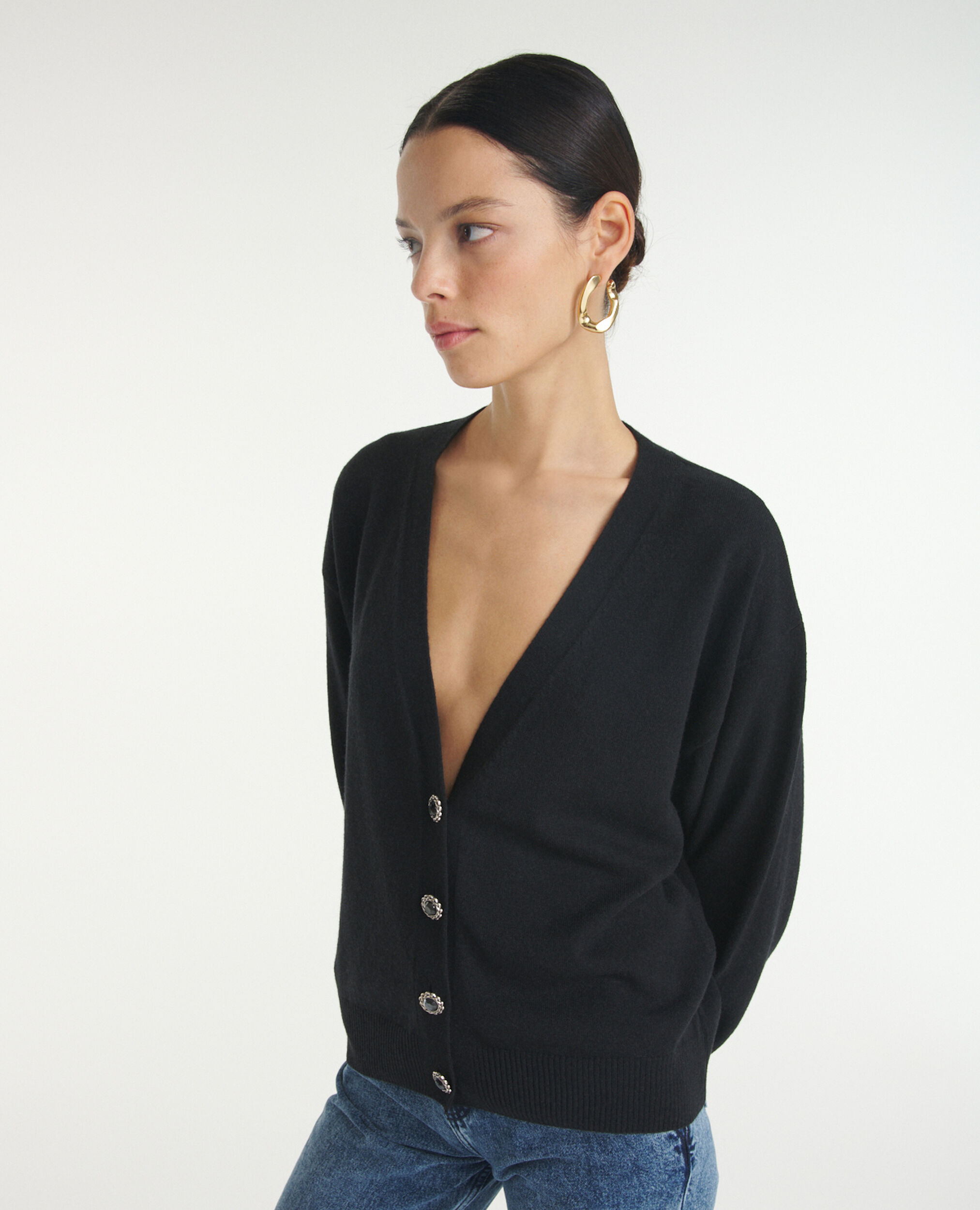 Black wool cardigan with jewel buttons, BLACK, hi-res image number null