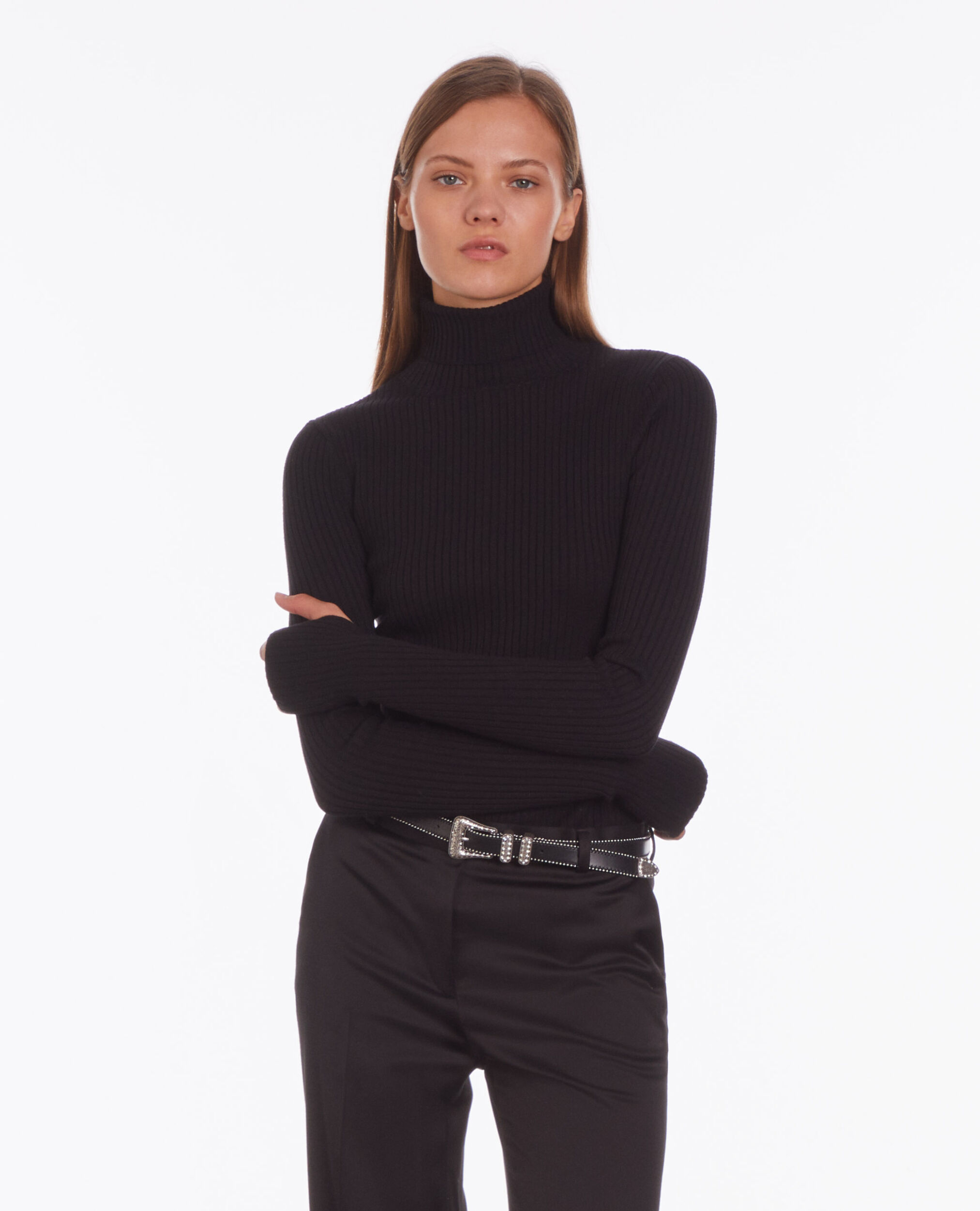Ceinture en cuir noir bordée de billes avec boucle Western à strass, BLACK, hi-res image number null