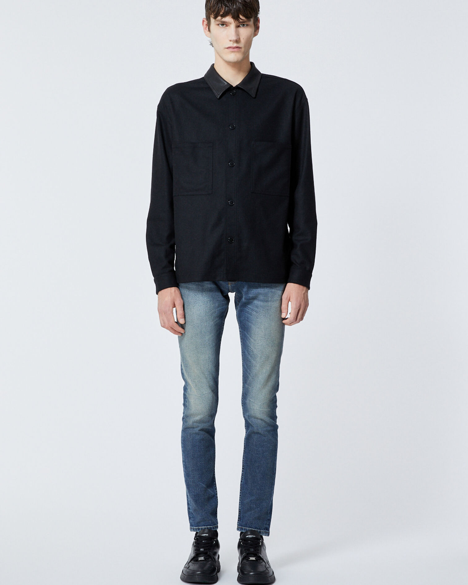 Surchemise avec col en cuir et poches, BLACK, hi-res image number null