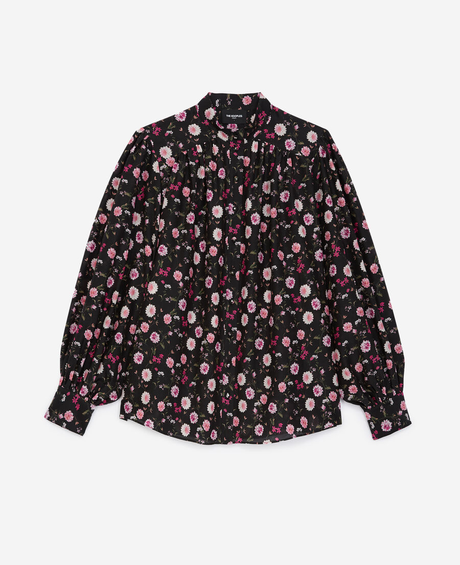 frilly black floral-print shirt