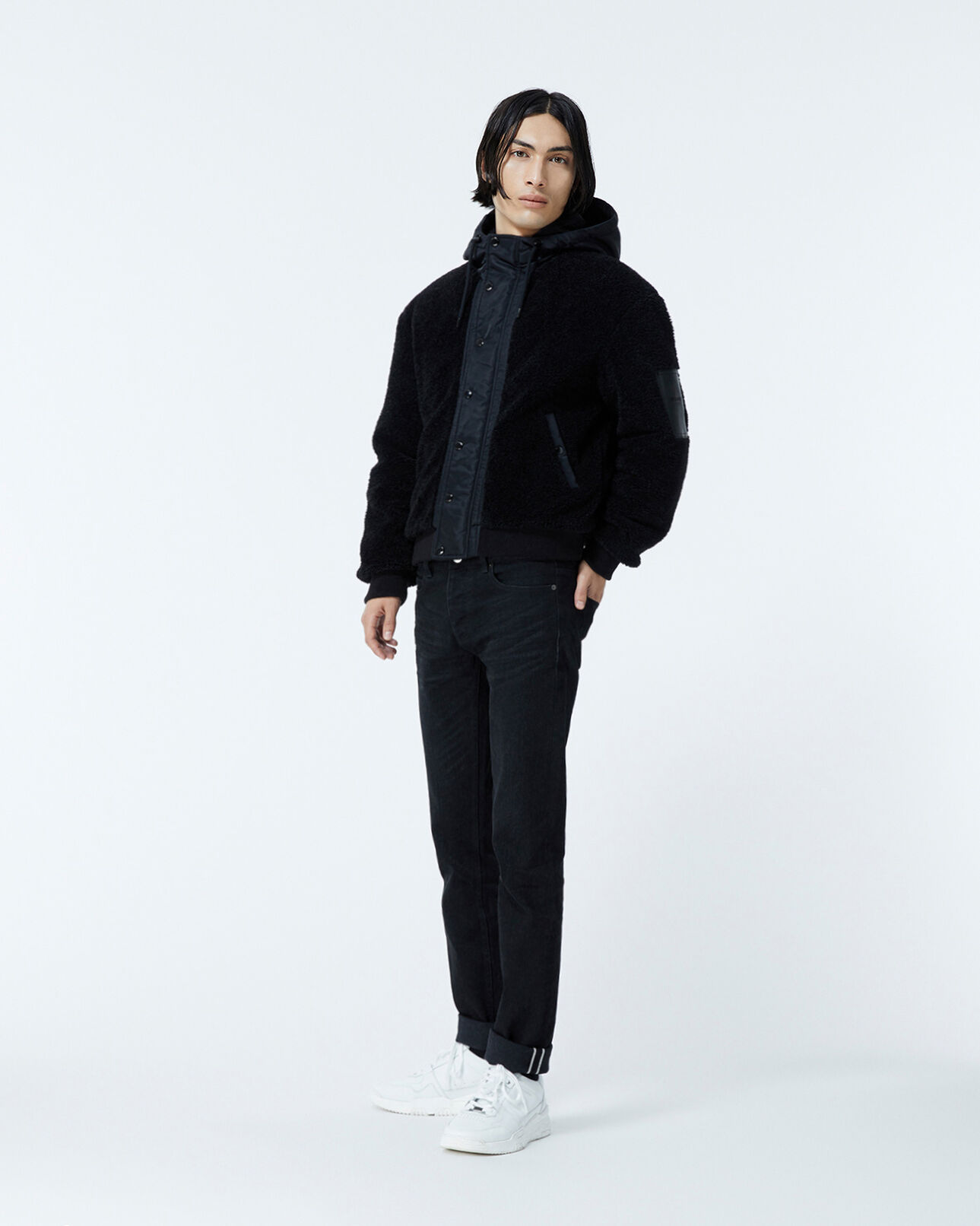 The Kooples HOMME BLACK blouson effet mouton noir à capuche