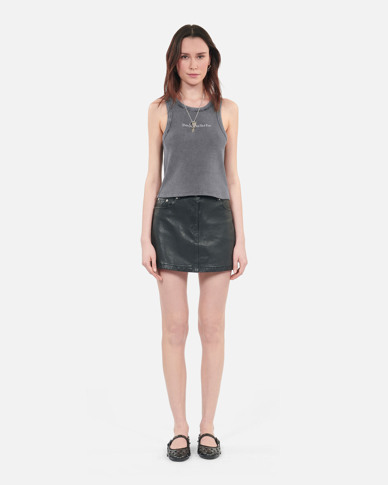 The Kooples WOMEN BLACK WASHED black tank top with dangerous but fun serigraphy
