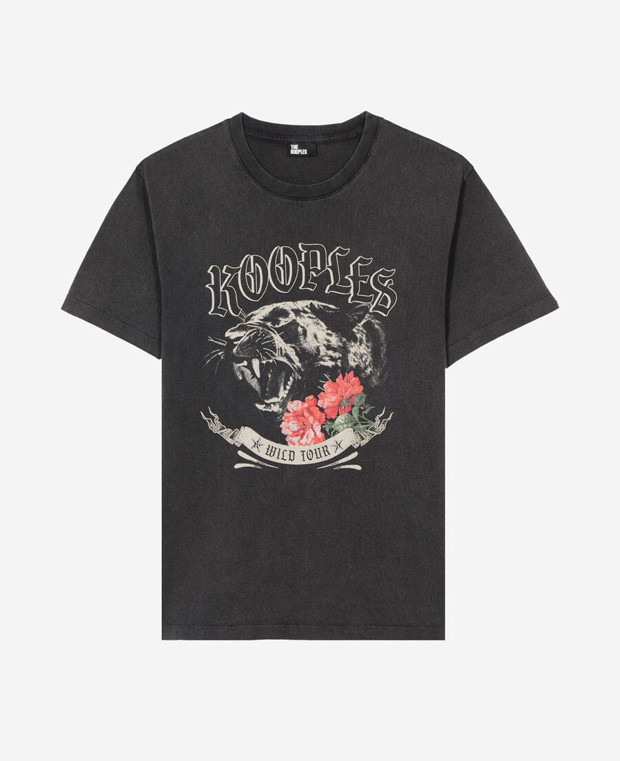 The Kooples HOMME BLACK WASHED t-shirt avec s&eacute;rigraphie panth&egrave;re noir