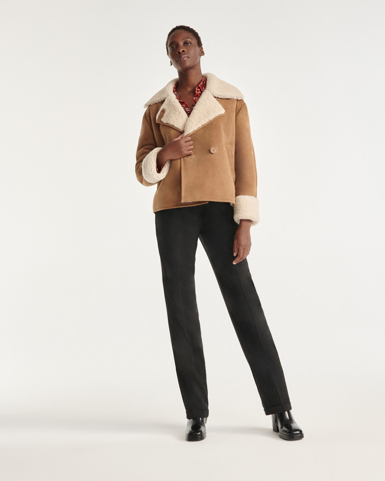 The Kooples WOMEN BEIGE cropped beige jacket in sheepskin