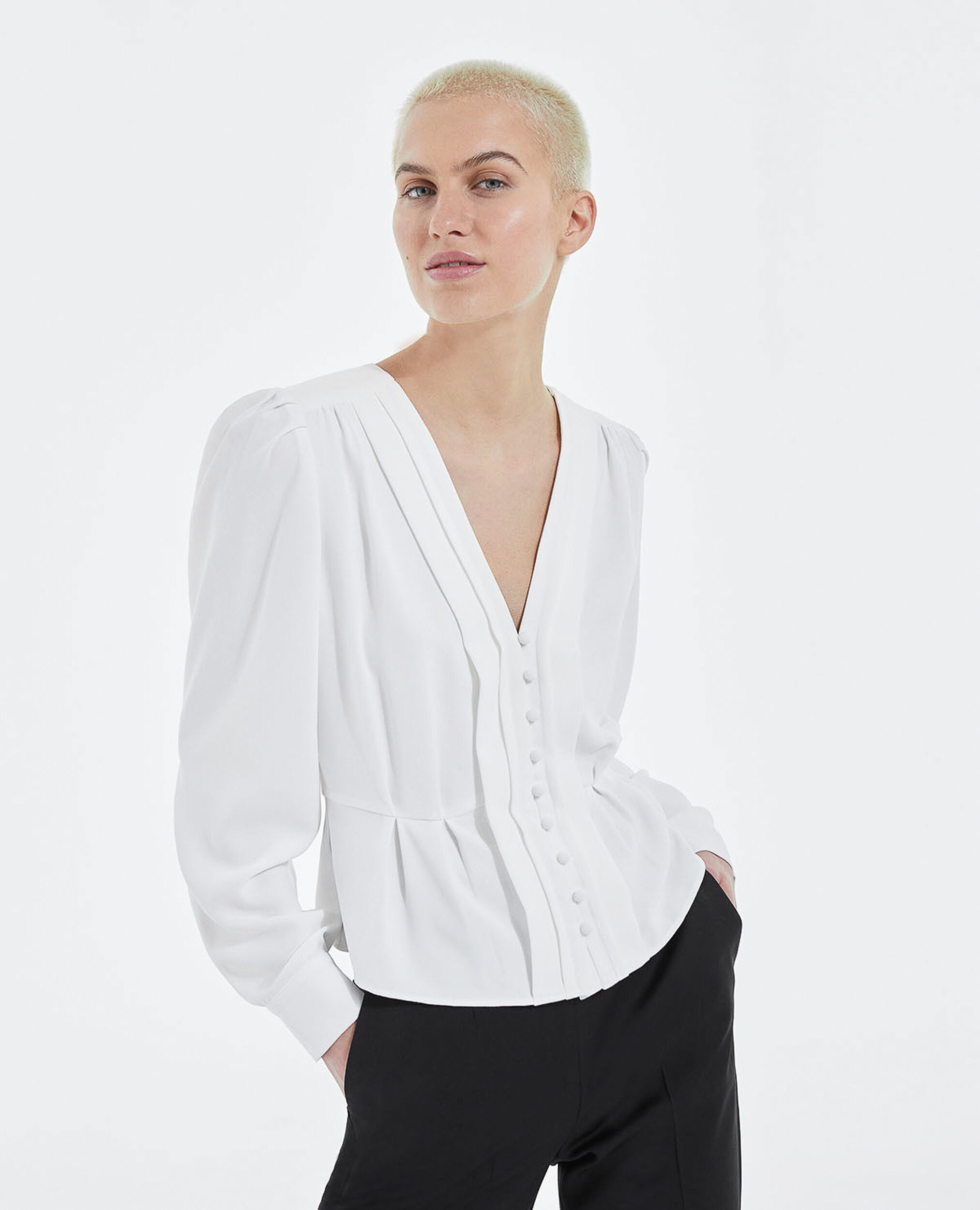 Ecru V-neck crepe top with covered buttons, WHITE, hi-res image number null