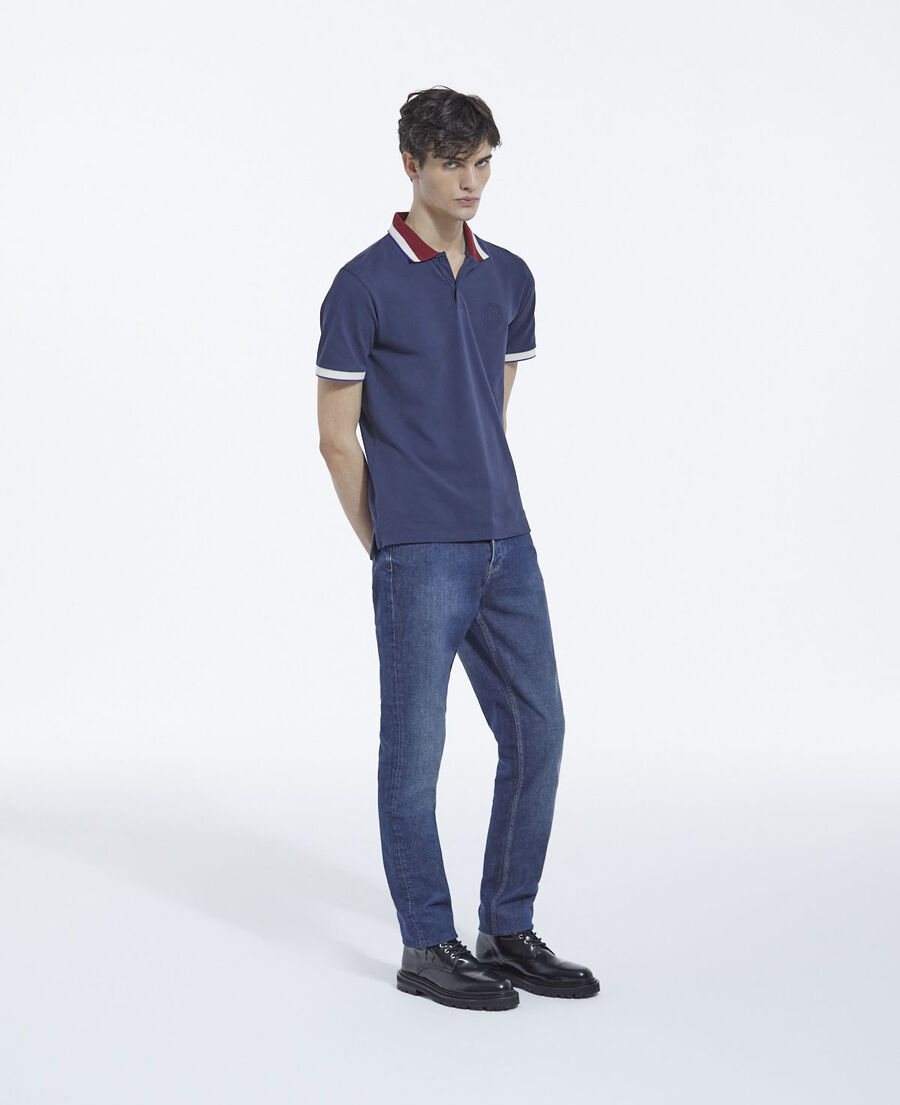 midnight blue polo with burgundy contrast collar