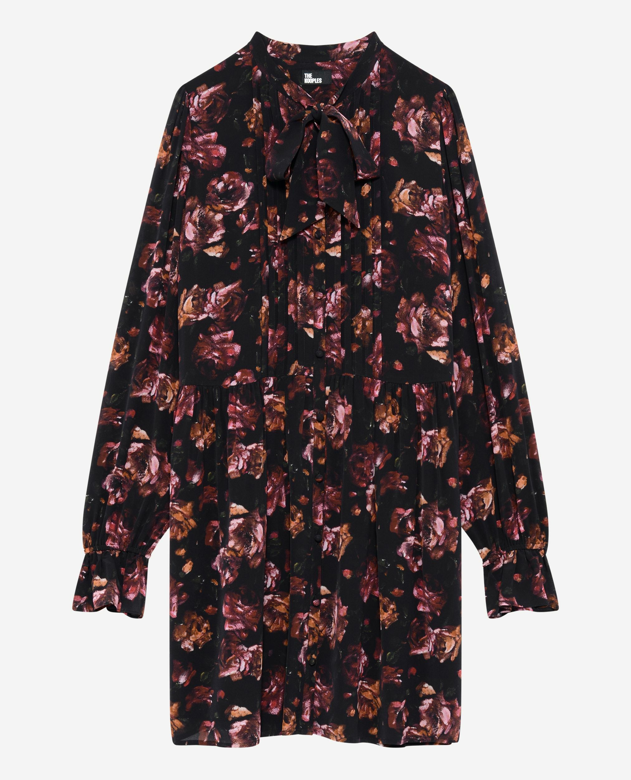 Kurzes Kleid mit Rosenmuster aus bordeauxroter Seidenmischung, BLACK - RED, hi-res image number null
