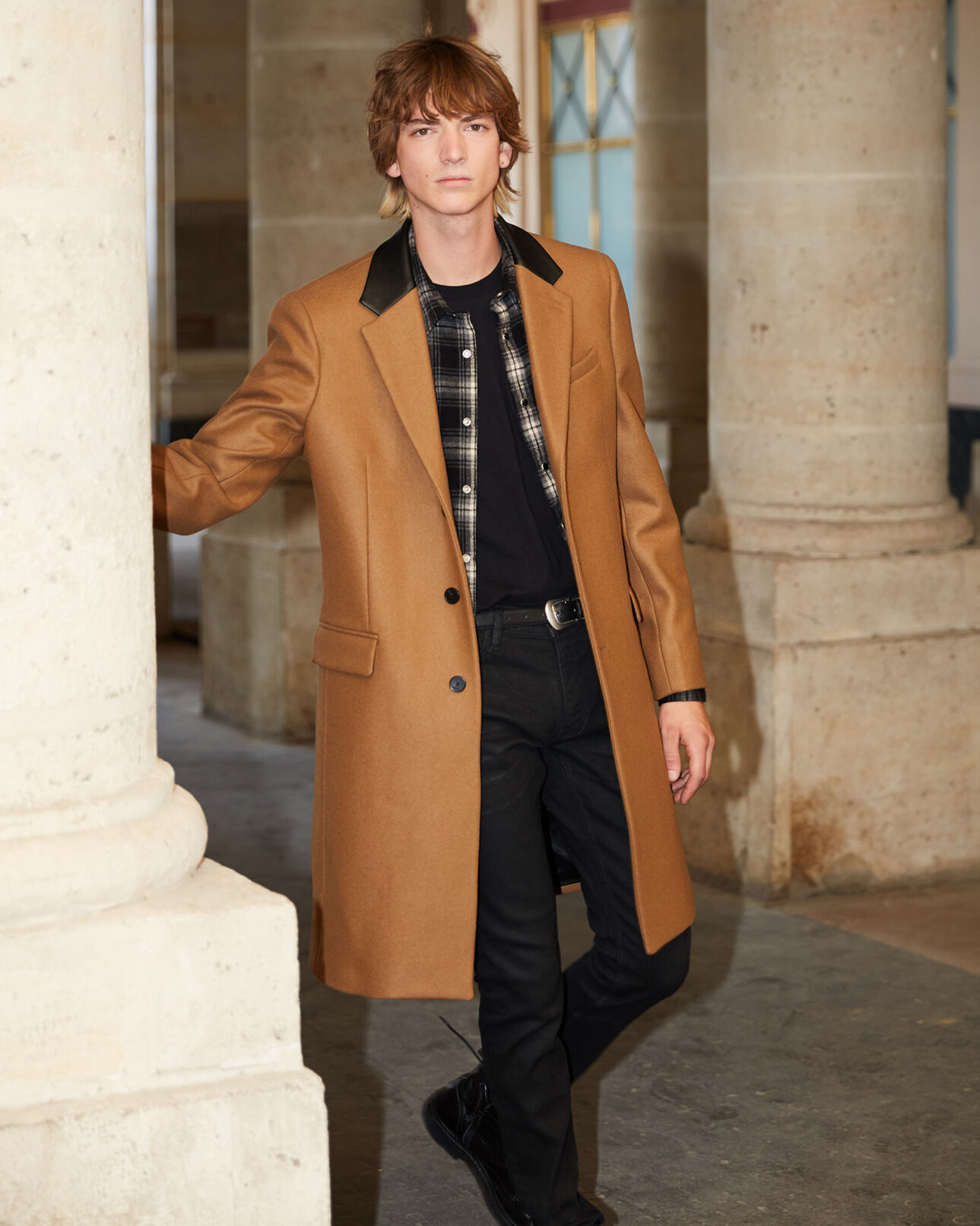 The Kooples HOMME CAMEL manteau camel laine long cintré col cuir