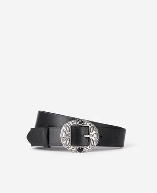 The Kooples F BLACK black leather belt with metallic inserts