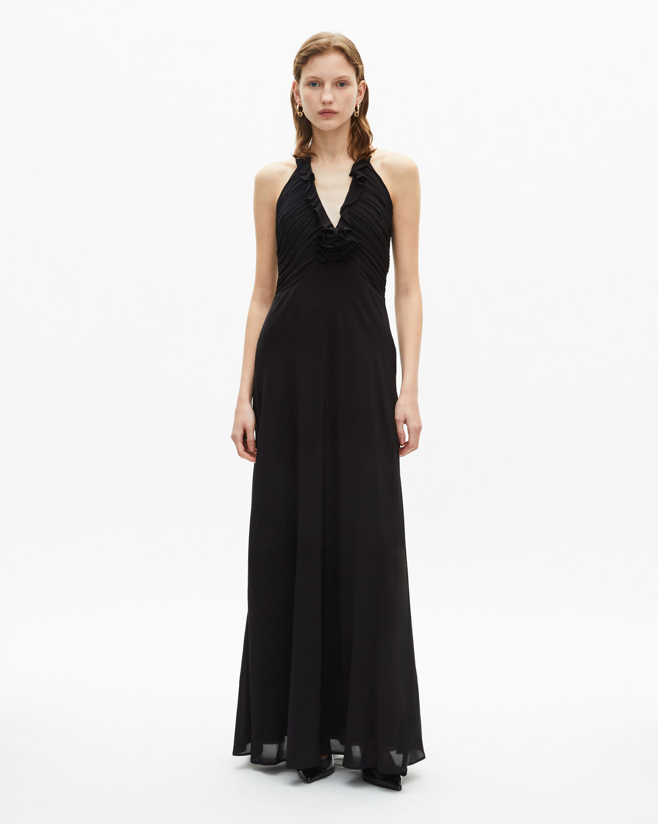 The Kooples FEMME BLACK robe longue décolleté détail fleur noire