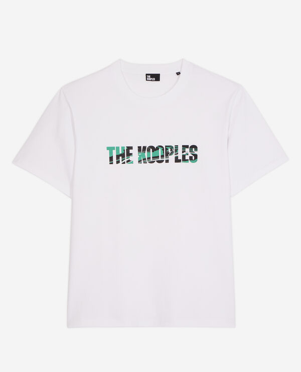 white t-shirt with marble screen print logo