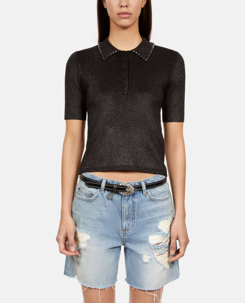 The Kooples FEMME BLACK ceinture fine en cuir noir avec boucle gravure fleur