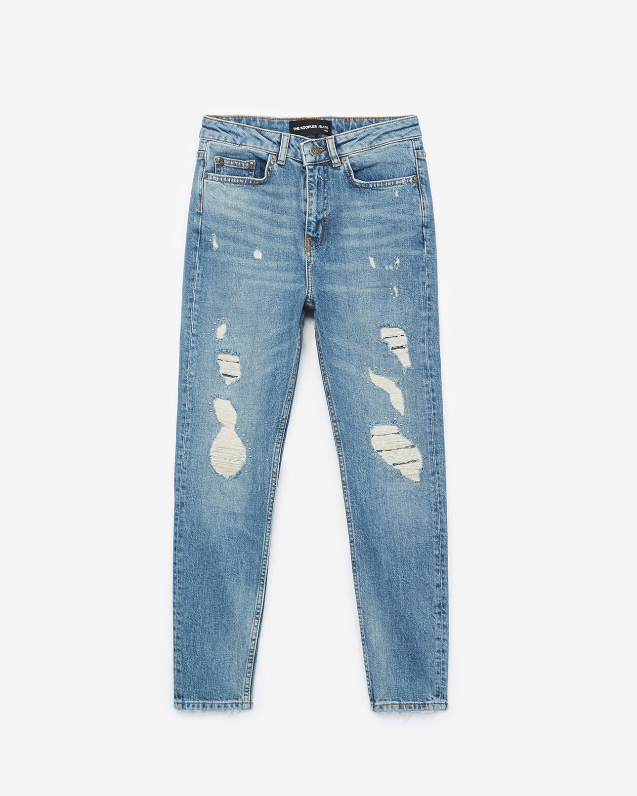 The Kooples DAMEN BLUE DENIM relaxed fit-jeans mit destroyed-details und mini-nieten