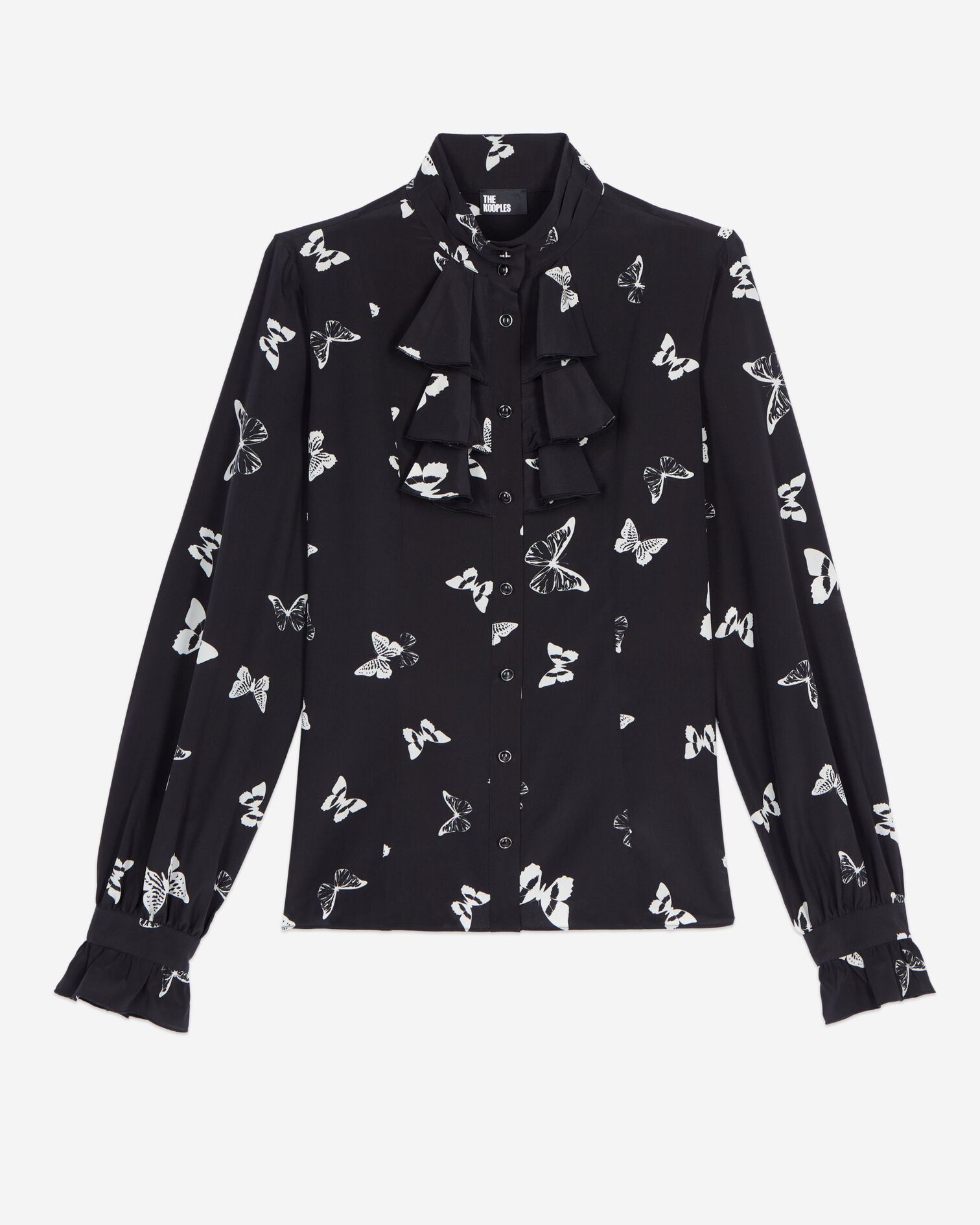 Butterfly print silk shirt, BLACK WHITE, hi-res image number null