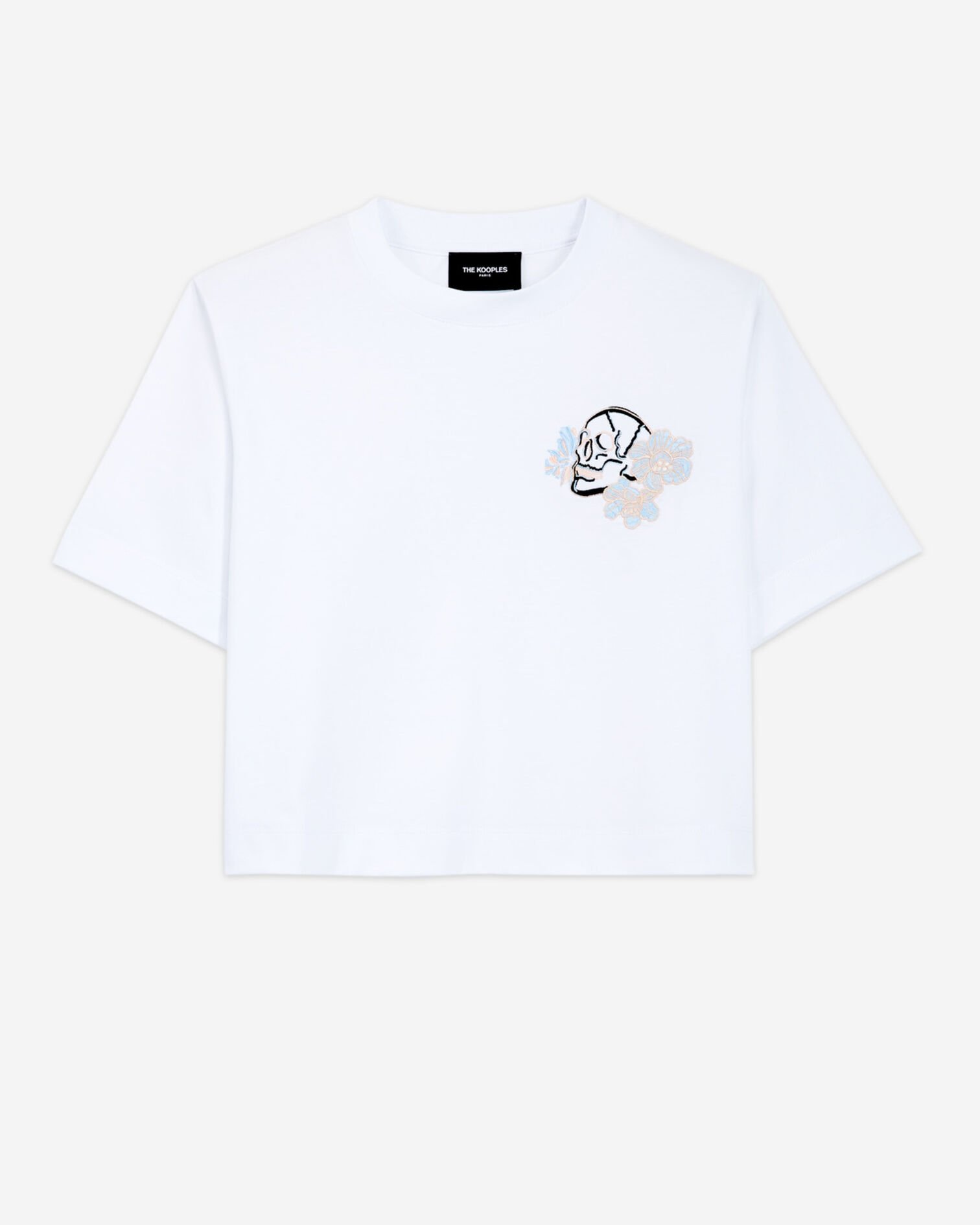 T-shirt blanc brodé coton à col rond, WHITE, hi-res image number null