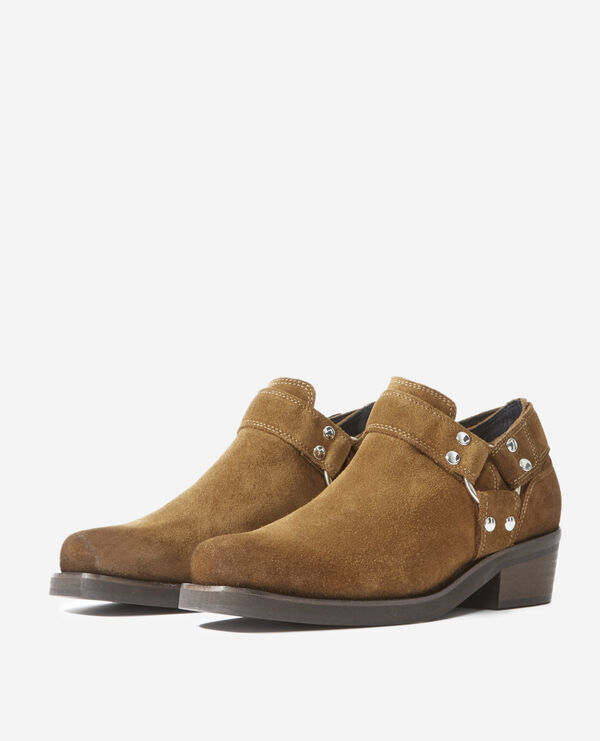 low ankle boots with brown suede straps