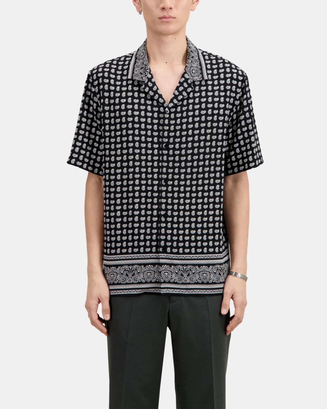 The Kooples MEN BLACK WHITE black and white paisley print short sleeve shirt